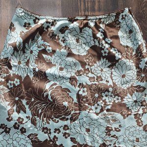 Juniors Satin Blue and Brown Floral Flare Skirt Size S